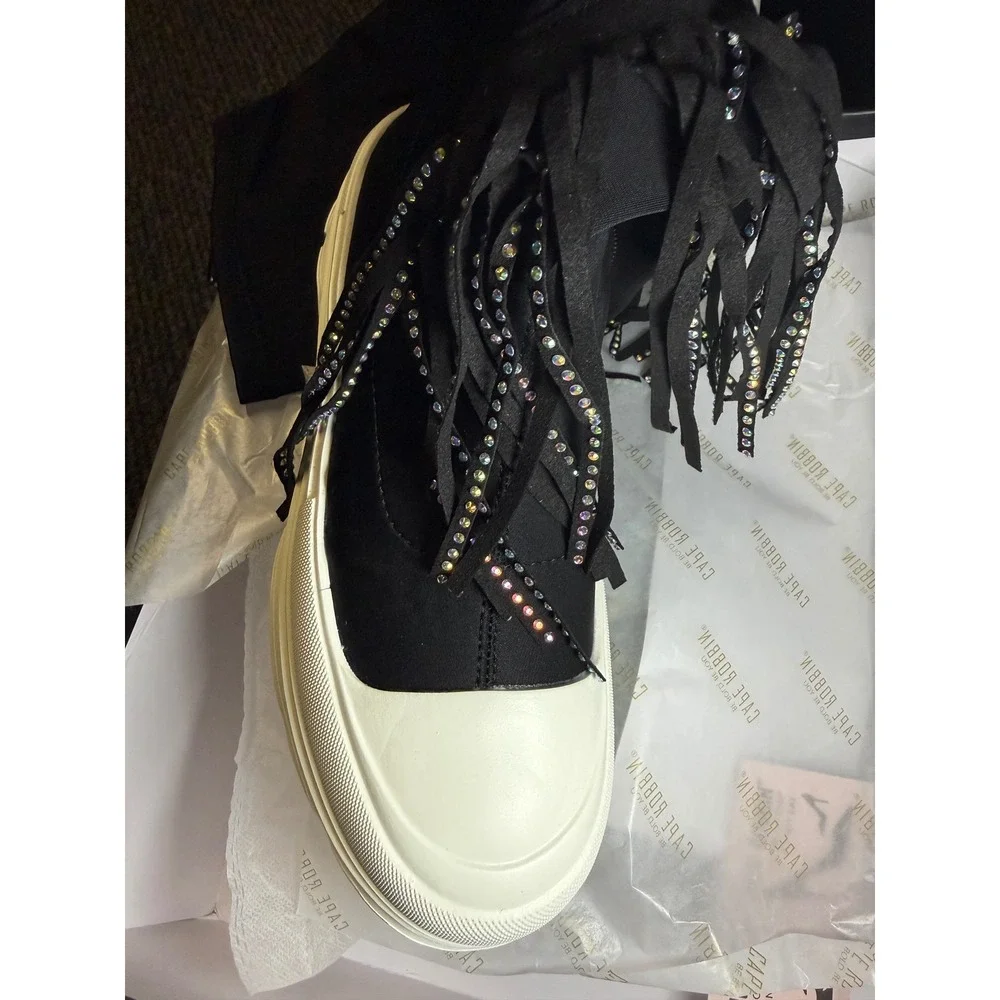 Cape Robbin Black Rhinestone Fringe Platform Knee High Boots‎ 6 goth grunge